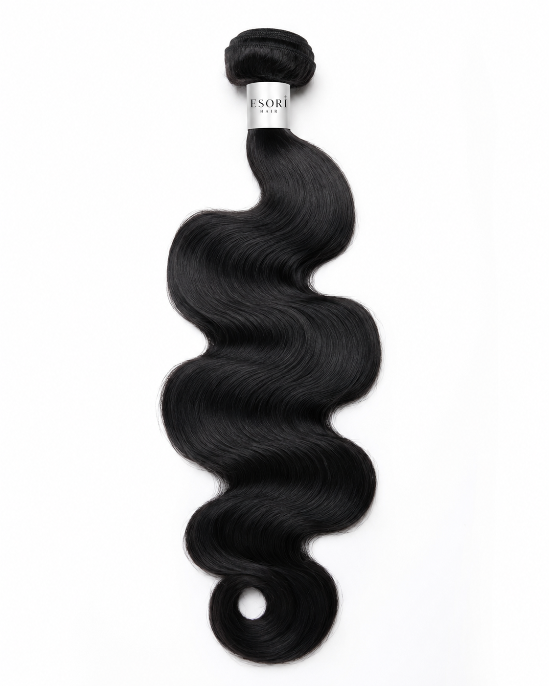 A single bundle of black body wave hair extensions with a silver band.